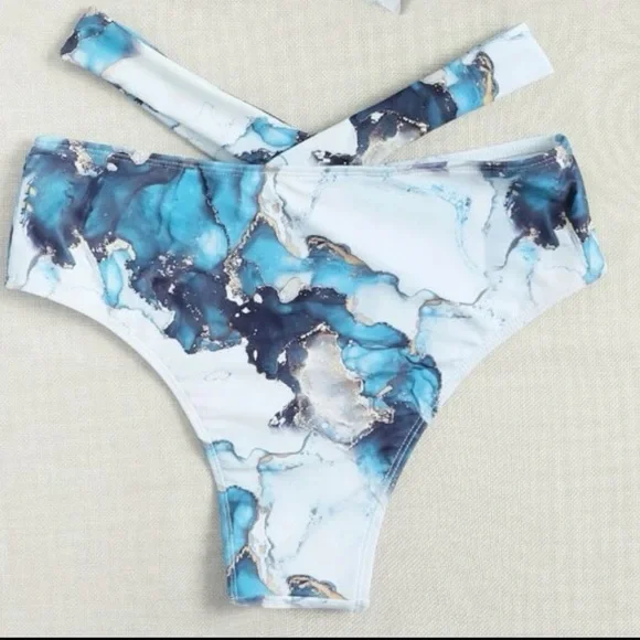 Boho Blue White Tie Dye Marble Print High Waisted Twisted Halter Bikini Set - Picture 6 of 12